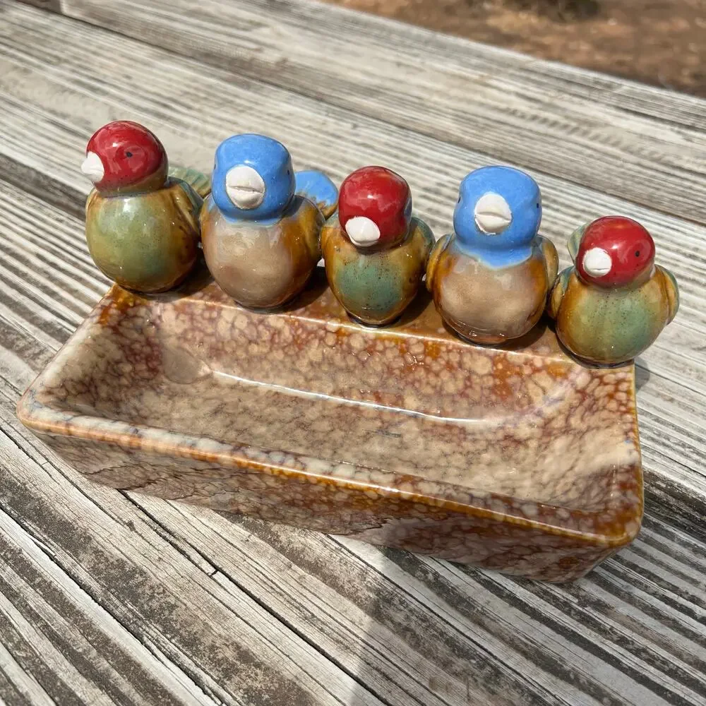 Vintage Hand Painted Ceramic Bird Tray Rustic Pottery Catchall Farmhouse Dish